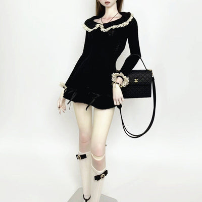 Long-sleeved ruffled mini dress: Black (fits 40cm) | Item in Stock | OUTFIT