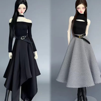 Black off-shoulder Top + Pleated Long Skirt (40cm) | Item in Stock | OUTFIT