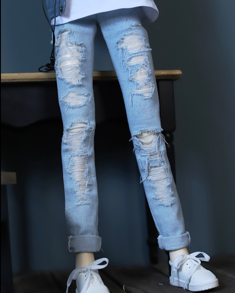 Daily casual street jeans shaved hole pants Uncle POPO68 Light blue hole sharing | Item in Stock | OUTFIT